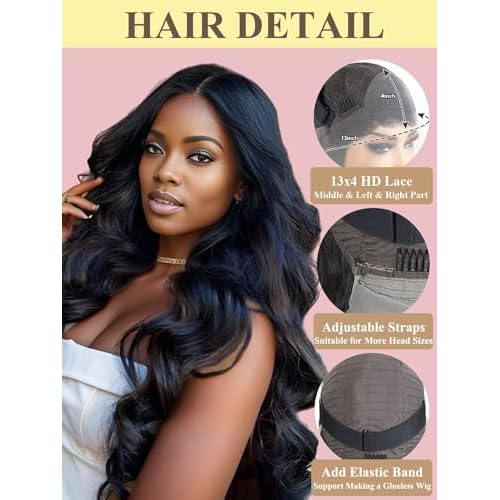 34 Inch Body Wave Lace Front Wigs Human Hair Pre Plucked 180% Density 13x4 Transparent HD Lace Front Wigs for Women Glueless Frontal Wigs with Baby Hair Natural Black Human Hair Wig