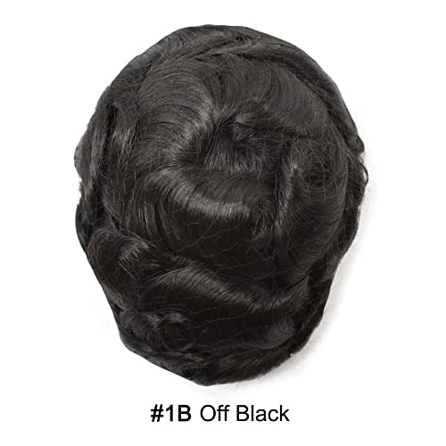 RESHE Toupee For Men Hair Pieces Real Human Hair Mens Toupee Hair Replacement System Poly Skin Hair Piece For Men 0.12mm Grey Ash Blond Black Brown Protesis Capilar Para Hombre8x10-1B# OFF BLACK