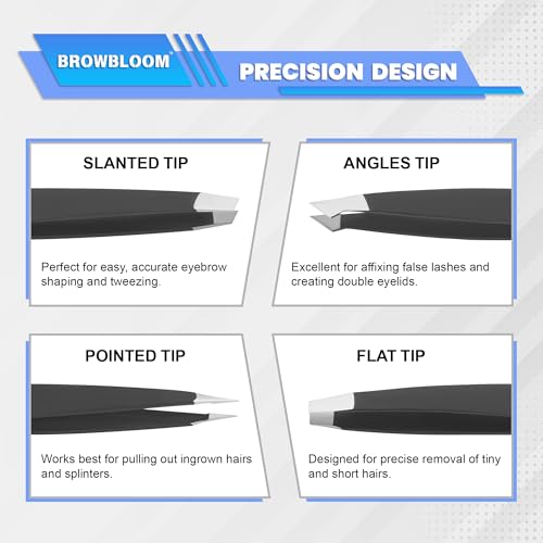 4Piece Set of Professional Tweezers for Women Facial Hair, Black Stainless Steel Precision Tweezer for Ingrown Hair, Eyebrow Tweezers for Men Comes in Carrying Pouch (Black Set)