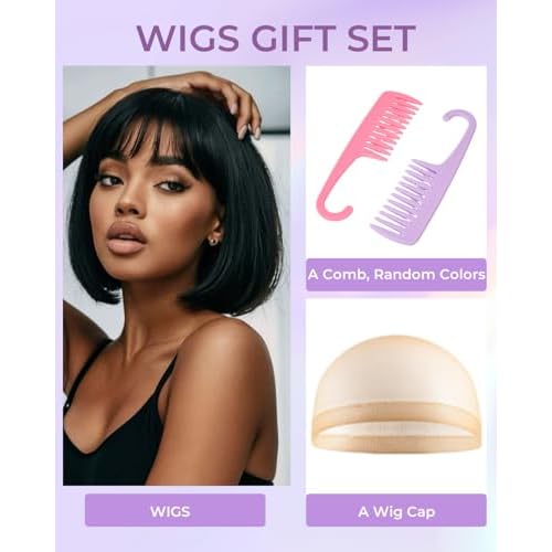 Bob Wig with Bangs Human Hair 100% Human Hair Wigs with Bangs Glueless 2¡¿1 Lace Closure Short Bob Wig Human Hair Straight Wigs for Black Women Closure 180% Density Beginner Friendly£¨14Inch,Black£©