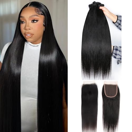 16A Straight Human Hair Bundles with Closure, 100% Unprocessed Brazilian Virgin Hair, 3 Bundles with 4x4 HD Lace Closure Free Part, Pre-Plucked with Baby Hair, Natural Black (22 24 26 + 20 Inch)
