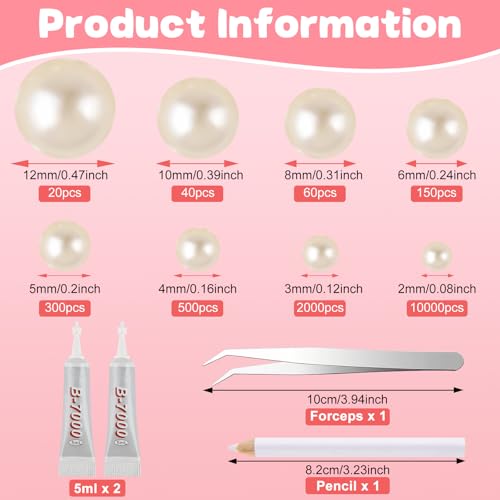 NEBURORA 13000 Pcs Ivory White Flat Back Pearl Kit 8 Sizes with Tweezer and Picker Pencil Beige Half Round Flatback Pearls Beads for DIY Crafts Nails Makeup Clothes