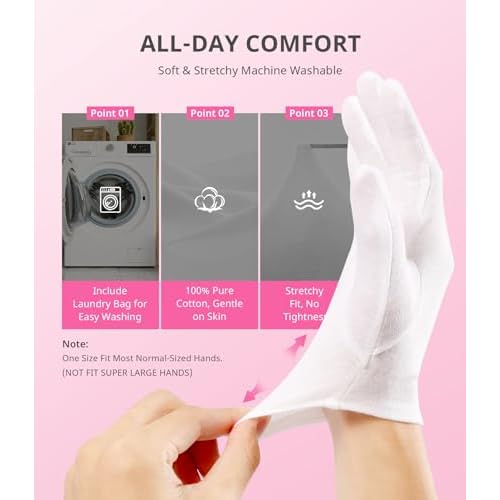 AIRSEE 2Pairs White Cotton Gloves for Dry Hands Eczema SPA Moisturizing - Men and Women Stretchable Cloth White Gloves Regular M