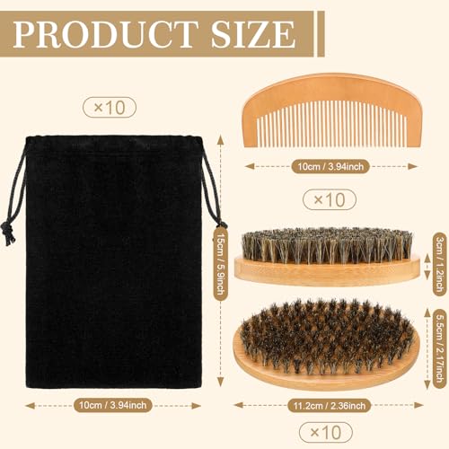 10 Sets Grooming Kit for Men - Natural Boar Bristle Brush, Pear Wood Dual-Sided Wide Tooth Comb, and Travel Pouch (Oval Shape) for Beard Care