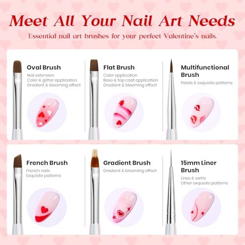 Beetles Red Gel Nail Polish & Nail Art Brushes Set-Heart Desire Multifunctional Nail Brushes Kit for Nail Art with Heart Nail Gems&Nail stickers Manicure Gift for Girls Women