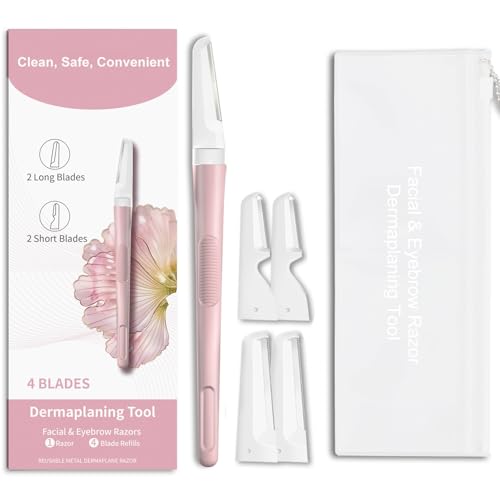 Dermaplane Razor for Women Face, Precision Face Razors for Women, Dermaplaning Tool, Gentle Exfoliation, Facial Hair Removal and Perfectly Shape Brows, Reusable Metal Handle with 4 Microblades, Pink