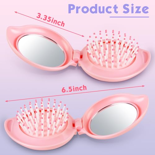 Boao 2 Pack Foldable Travel Mirror Hair Brushes Round Portable Folding Pocket Hair Brush Mini Comb Compact Travel Size Massage Comb for Men Women (Pink,Mango)