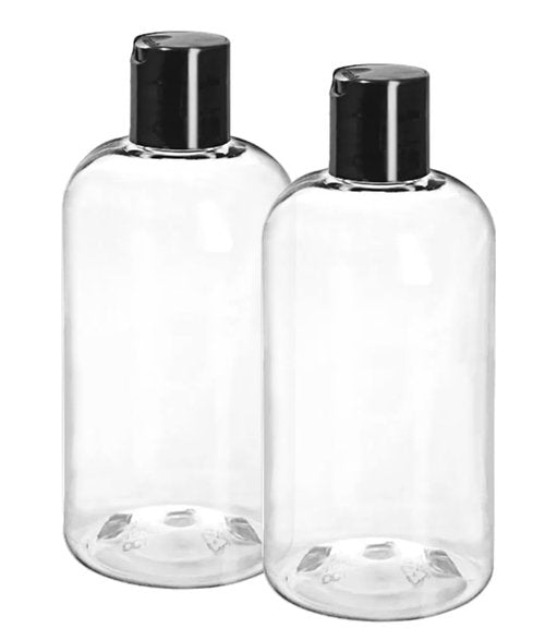 ljdeals 8 oz Clear Plastic Empty Bottles with Black Disc Top Caps, Squeezable Refillable Containers for Shampoo, Lotions, Cream and More, Pack of 2, BPA Free, Made in USA