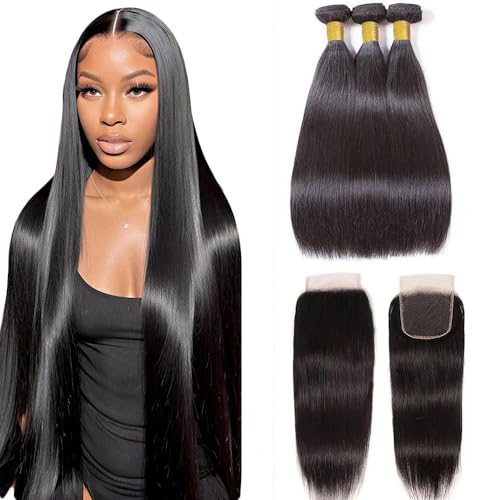 10A Straight Bundles with Closure 24 26 28 with 20 Inch Human Hair Bundles with Closure 100% Unprocessed Brazilian Virgin Human Hair Weave with Closure HD Lace
