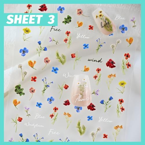 Flower Nail Art Stickers 3D Embossed Nail Decals for Nail Art Design Self-Adhesive Spring Summer Nail Accessories for Women Nail Art Supplies 3 Sheets