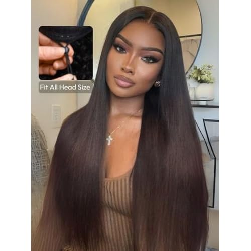 Beauty Forever V Part Wig Human Hair Yaki Straight EasiContour Vpart Wigs No Leave Out Ombre Chestnut Brown Glueless Upgraded U Part Wigs for Women None Lace Front Wigs T128 Color 150% Density 24inch