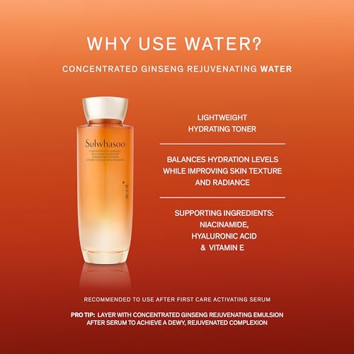 Sulwhasoo Concentrated Ginseng Rejuvenating Water- Korean Ginseng & Peptide Hydrating Face Toner with Niacinamide, Hyaluronic Acid & Glycerin for Wrinkles & Firmness, 5.07 fl. oz.
