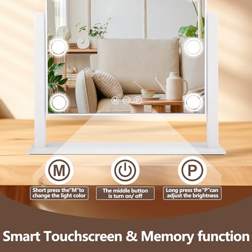 Lighted Makeup Mirror, 14"x 12" Hollywood Vanity Mirror with 9 LED Bulbs, 3 Color Lights, and Detachable 10X Magnification Mirror, 1200mAh Rechargeable, Touch Control, 360¡ÆRotation (White)