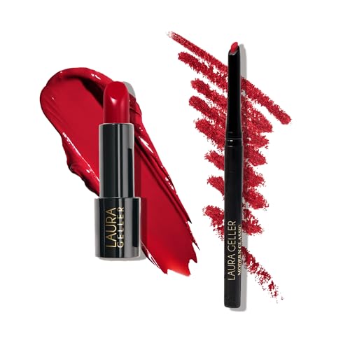 LAURA GELLER NEW YORK Modern Classic Duo - Lipstick + Lip Liner - Ultra-Rich Color - Luxurious and Lightweight - Cream Finish (01 Red Radiance Lipstick + Ritzy Red Lip Liner)