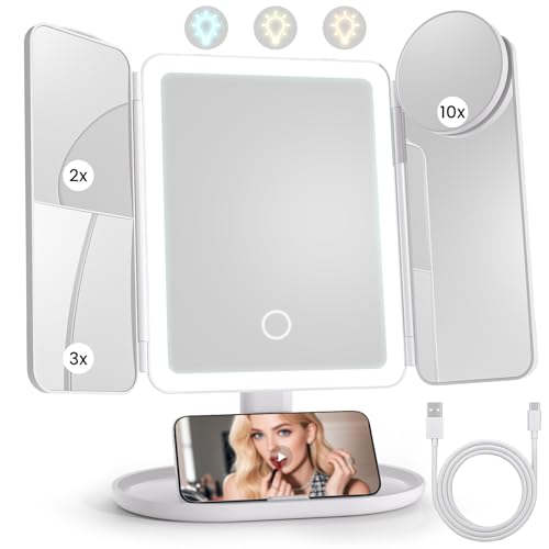 Lupow Makeup Mirror Vanity Mirror with 3 Lighting and Adjustable Brightness,Detachable Height-Adjustable Dresser Mount,2X,3X,10X Magnification,Suitable for Bathrooms,Vanity,Ideal Gifts for Women