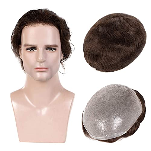 Amiable Men's Toupee - Human Hair Replacement System, Singleknot 0.04mm PU Thin Skin Black Male Hair Unit