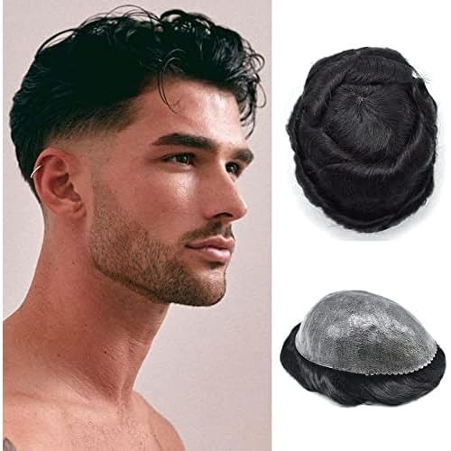 Toupee for Men Hair System Full Poly Mens Toupee Injected PU Durable Mens Hairpieces European Human Hair Units Durable Mens Wigs Replacement System (8X10"-120% Density, 1B# Natural Black)