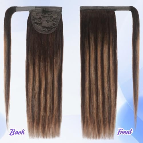22 Inch Human Hair Ponytail 90g Long Wrap Around Ponytail Balayage Chocolate Brown to Caramel Blonde Real Hair Ponytail Extension for Women(22inch,Balayage Chocolate Brown to Caramel Blonde)