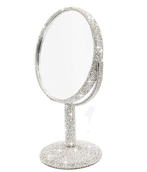 Bestbling Bling Rhinestone Portable Magnified Double Sided Swivel Makeup Vanity Mirror, 360°Rotate Makeup Mirror Round Shaped Two-Sided Makeup Mirror (Silver)
