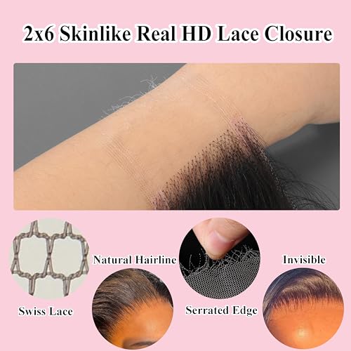 2x6 Skinlike Real HD Lace Closure Body Wave 100% Human Hair 0.095mm Ultra-thin Kim K HD Lace Closure Pre-plucked with Natural Hairline Small Single Knots Natural Black 16 Inch