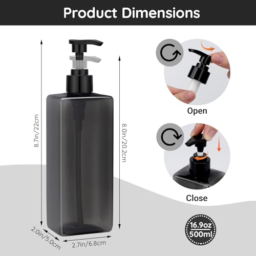 Segbeauty 16.9oz Refillable Bottles, 8pcs 500ml Shampoo and Conditioner Set with Labels, Gray Empty Shampoo Body Soap Conditioner Pump Bottle Dispenser Plastic Bathroom Press Lotion Dispenser