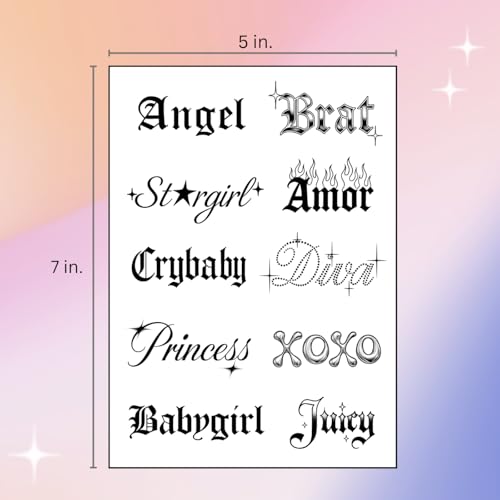 Sassy Script Temporary Tattoos | Y2K Gothic Words and Angel Numbers | Realistic Waterproof Fake Tats | Angel, Brat, Princess, Babygirl, Diva
