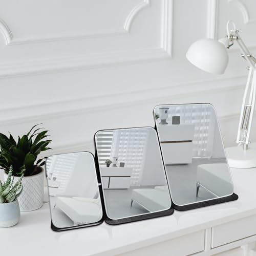 Makeup Mirror, 4x6 Inches Portable PU Leather Mirror, Folding Desktop Vanity Mirror with Adjustable Stand for Vanity Table, Office, Travel (S, Black)