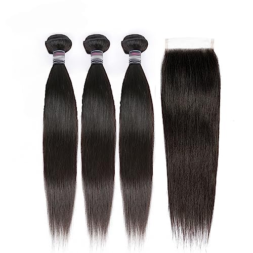 Human Hair 3 Bundles with Closure Straight 100% Unprocessed Virgin Brazilian Hair Bundles with 4x4 Lace Closure Free Part, Double Weft 10A Hair Weave Extensions, Natural Black Color (24" 24" 24" + 14" Closure)