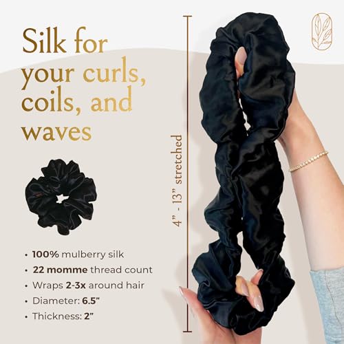 Silk Scrunchies for Women Ponytail Holders ? Oversized Mulberry Silk Scrunchies ? Extra Large No Damage Hair Ties for Curly, Thick, and Thin - Hair Accessories for Women ? Black, XL By Curlfriend
