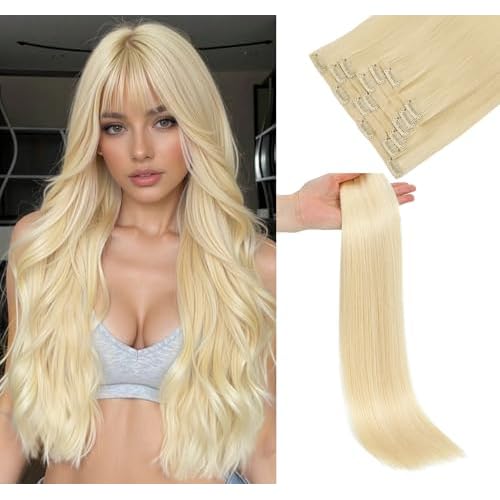 LOVELINE Seamless Clip in Hair Extensions Real Human Hair, Luxury Remy Human Hair Extensions Clip ins for Women, 24 Inch 110g 7Pcs, Bleach Blonde