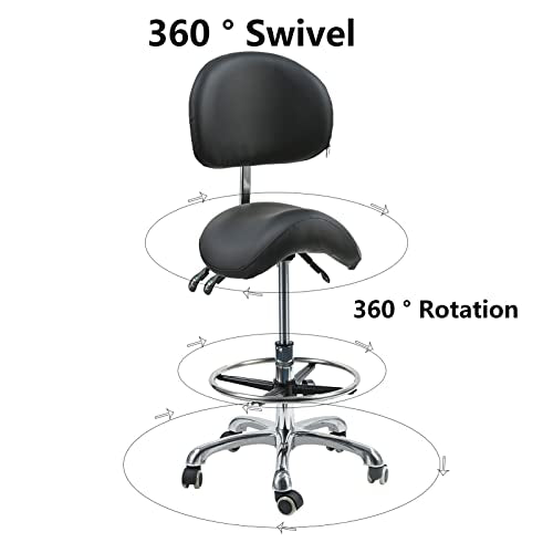 Saddle Stool Chair with Backrest Swivel Hydraulic Ergonomic Tilt Seat Chair with Wheels Footrest for Medical Hospital Clinic Dental Hygienist Esthetician Beauty Salon Hair Stylist Black