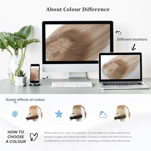 Hair Toppers for Women Real Human Hair No Bangs 4.7 * 5.1 Inch Base 14 Inch Human Hair Topper for Women with ThinningHair Cover Gray Roots (#Ash Blonde Highlights Lowlights Tan)