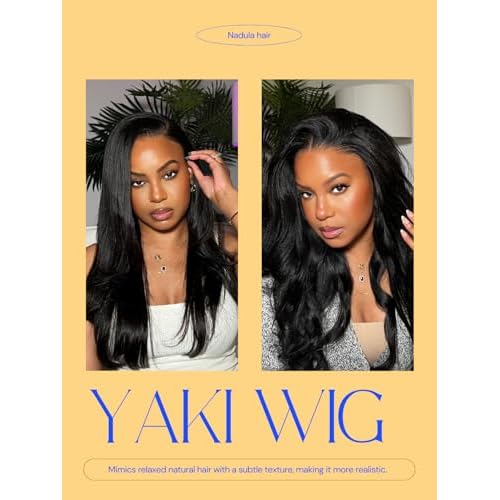 Nadula Bye Bye Knots Glueless Wig Yaki Straight Human Hair Pre Cut 7x5 Invisible Knots HD Lace Front Put on Go Wig Pre Plucked Ready to Go Light Kinky Staight Wigs 150% Density 14inch