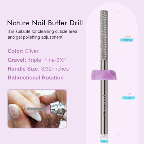 3/32¡±Tungsten Carbide Nail Drill Bit, Buffer Cuticle Remover, Nail Buffer & Prep File, Two-Way Rotation, Fine Grit for Manicure, Pedicure, Home & Salon Use (3XF Grit, Silver)