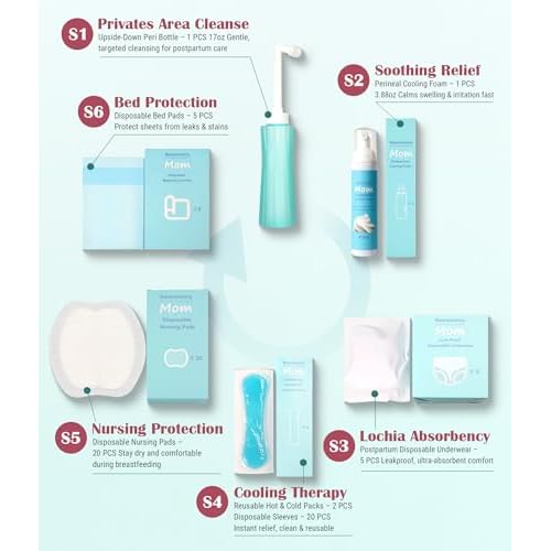 Postpartum Essentials Recovery Kit for Labor & Delivery ? Nursing Pads, Peri Bottle, Ice Pack Pad, Postpartum Underwear, Disposable Bed Pads, Perineal Foam, 55 Piece Gift Set