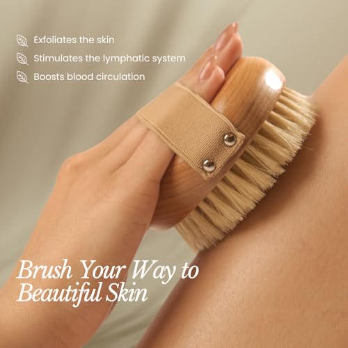 Bare Botanics Dry Body Brush for Lymphatic Drainage - Improve Circulation w/Gentle Exfoliation for Soft Skin - Ergonomically Designed w/Elastic Strap - Soft but Firm Natural Boar Bristles