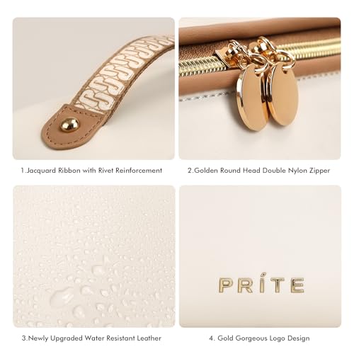 Prite Makeup Bag for Women Travel Waterproof Vegan Leather Cosmetic Bag Open Flat Toiletry Bag With Clear Divider and Handle (Large Beige)