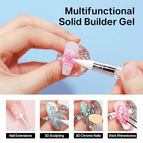 MIZHSE Solid Builder Gel for Nails, Clear 60g 3D Sculpting Gel for Nail Art Non-Sticky Molding Hard Gels UV LED Nail Charm with Gold Chrome Nail Powder and 3D Silicone Flower Mold Kit for DIY Salon