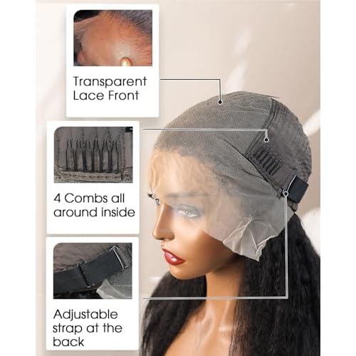 MENTOR 4C Edges Kinky Straight Lace Front Wigs Human Hair Yaki Stairght 13x4 HD Transparent Lace Frontal Kinkystraight Wigs with Curly Edges Hairline Pre-Plucked 180% Density 22 inch