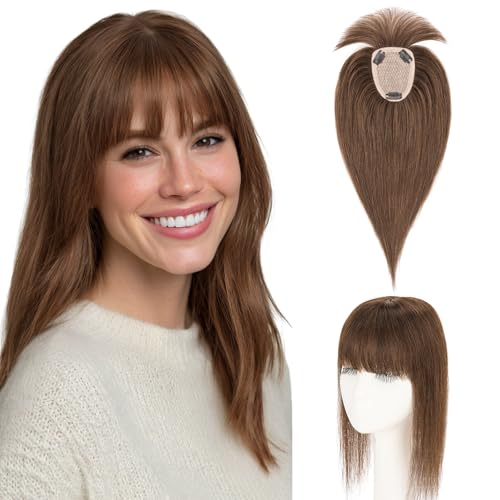 Hairro Human Hair Toppers with Wispy Bangs, 3.5x4.7" Hand-wovened Base for Women with Thinning Hair, Lightweight & Breathable Realistic Scalp, Clip-in Hairpieces for Easy Wear, 9 Inch Dark Brown