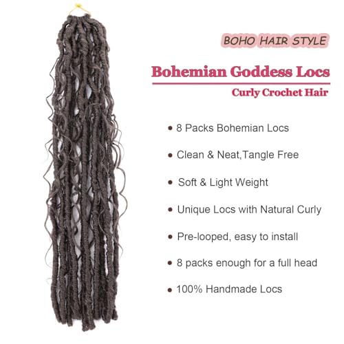 8 Packs Goddess Locs Crochet Hair Bohemian Braids 24 Inch Boho Crochet Faux Locs with Curly Crochet Hair for Black Women (4#, 24 Inch(Pack of 8))
