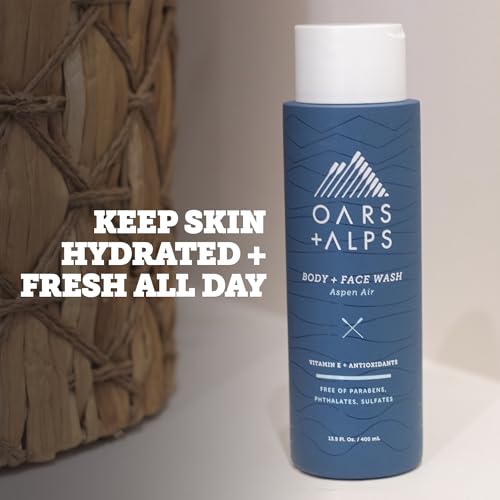Oars + Alps Mens Moisturizing Body and Face Wash, Skin Care Infused with Vitamin E and Antioxidants, Sulfate Free, Aspen Air, 2 Pack