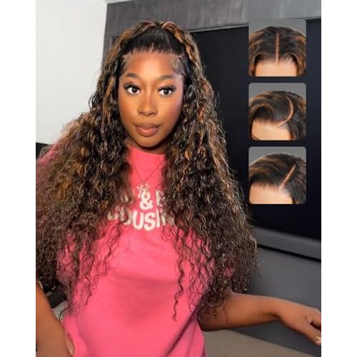 Glueless Curly Human Hair Wig Highlight Deep Wave Lace Front Wigs Human Hair Pre Plucked Pre Cut 6x5 HD Closure Wear and Go Glueless Wig Pre Bleached Knots 20 Inch 1BP30