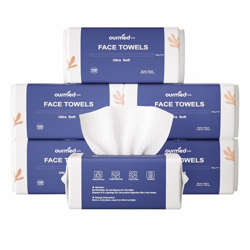 Ourmed Life Face Towels, Disposable Biodegradable Clean Facial Wash Cloth for Sensitive Skin, Lint- free Facial Towels for Cleansing, Skincare and Makeup Remover, Dry Wipes, 600 Count