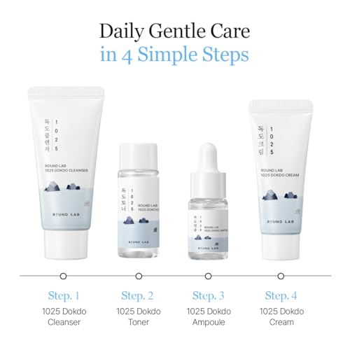 ROUND LAB 1025 Dokdo Hydrating Mini Size Kit (Cleanser, Toner, Serum, Cream) | Deep Hydration for Dry Skin | Gentle, Lightweight Routine for Daily Moisture & Soothing Care