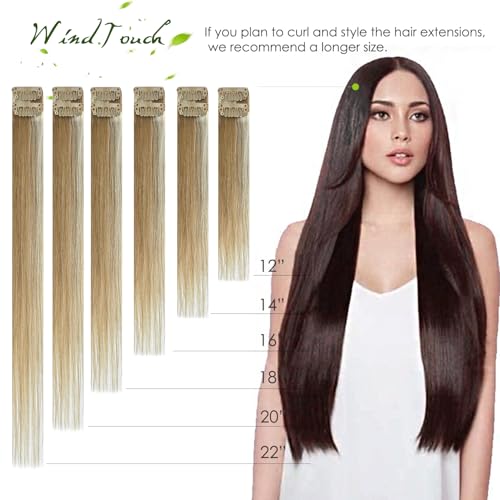 WindTouch Clip In Hair Extensions Ash Blonde To Platinum Blonde Human Hair Highlights For Blonde Full Head 20Inch 120g 7PCS Remy Hair Extensions
