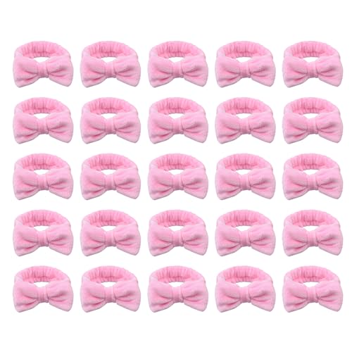 Spa Headbands,Makeup Headbands for Women,Facial Headband Bulk,Soft Coral Fleece Headband for Makeup,Cosmetic Head Wraps,Bow Hair Bands for Face Washing Shower Skin Care (pink, 25pcs)