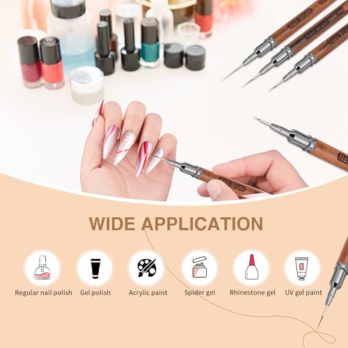Wooden Nail Art Brushes, 5Pcs Nail Art Liner Brushes, Painting Art Design Brush Set Nail Dotting Drawing Tool for Long Lines, Thin Details, Fine Drawing Sizes 6/9/12/15/18mm, Natural