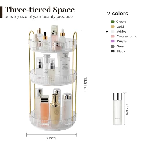 Aveniee Rotating Makeup Organizer for Vanity, 3 Tier Perfume Skincare Organizers and Storage for Bathroom Countertop, Clear Spinning Counter Cosmetic Holder for Dresser,White
