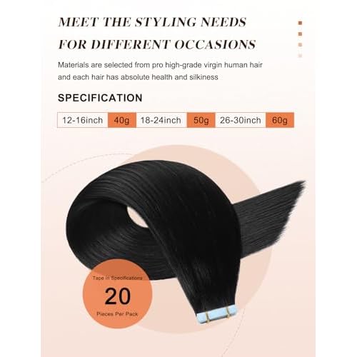 Sunya Tape in Hair Extensions Human Hair 30 Inch Long Straight Seamless Skin Weft Jet Black Tape in Hair Extensions #1 60g/Pack 20Pcs